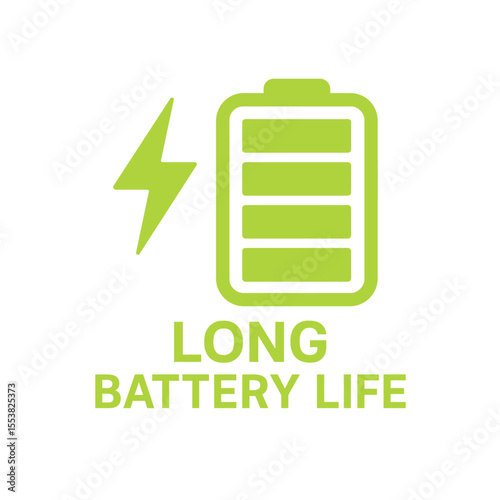 Long battery life icon, showing a battery and lightning bolt. Modern flat vector sticker label with icon and badge style, transparent background