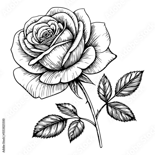  Elegant Black and White Rose Illustration with Thorned Stem and Leaves - Engraving Style Vector