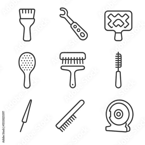 Appliance Cleaning Icons. Outline style icons of Small Appliance Interior Cleaning: coffee grinder brush, food processor blade