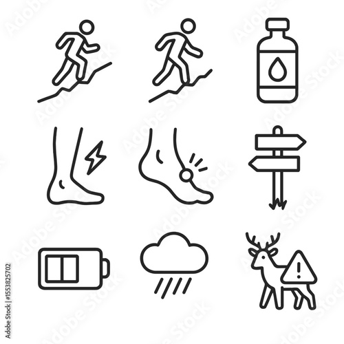 Trail Running Icons. Outline style icons of Trail Running Challenges: steep uphill, sharp descent, dehydration symbol, cramp icon,