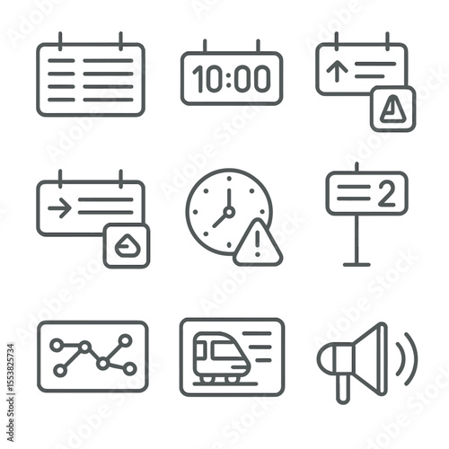 Train Station Icons. Line style icons of train station schedules: timetable board, digital clock, arrival indicator, departure