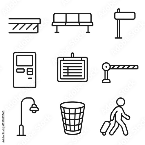 Train Station Icons. Line style icons of train station platforms: platform edge, bench, signpost, ticket machine, timetable,
