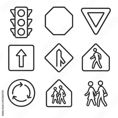 Traffic Signal Icons. Line style icons of traffic management signals: traffic light, stop sign, yield sign, speed limit sign,