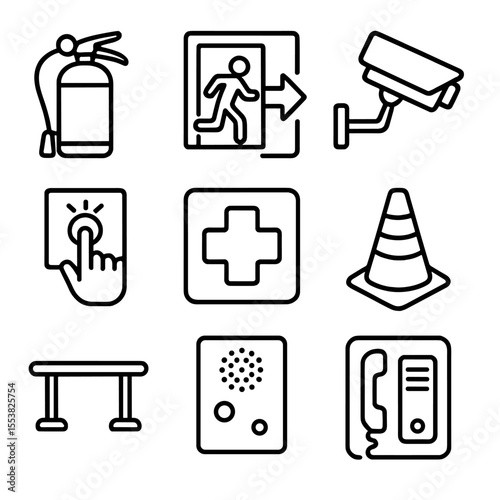 Train Safety Icons. Line style icons of train station safety: fire extinguisher, emergency exit, CCTV camera, alarm button, first
