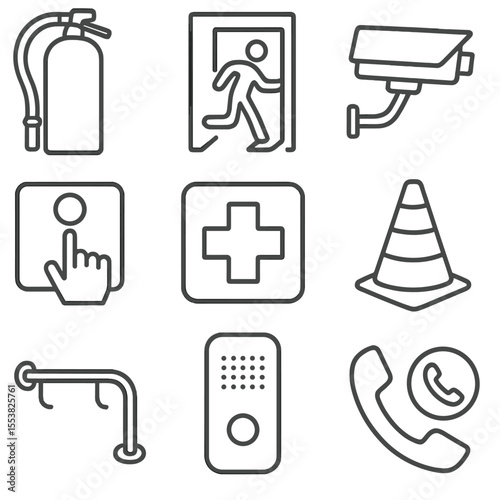 Train Safety Icons. Line style icons of train station safety: fire extinguisher, emergency exit, CCTV camera, alarm button, first