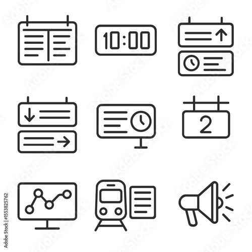 Train Station Icons. Line style icons of train station schedules: timetable board, digital clock, arrival indicator, departure