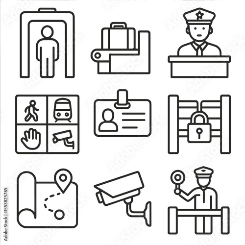 Train Station Security Icons. Line style icons of train station security: metal detector, baggage scanner, guard post,