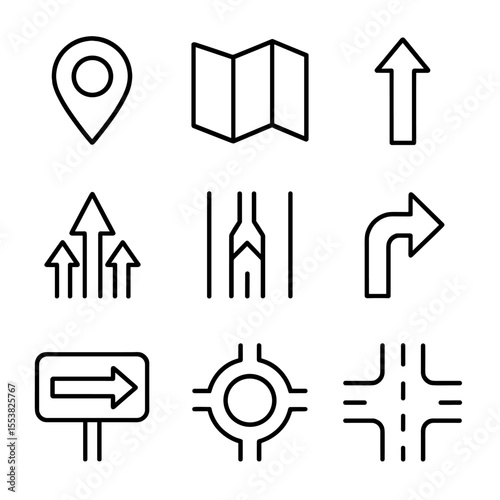 Traffic Icons Collection. Line style icons of traffic management navigation: GPS marker, road map, directional arrow, lane guide,