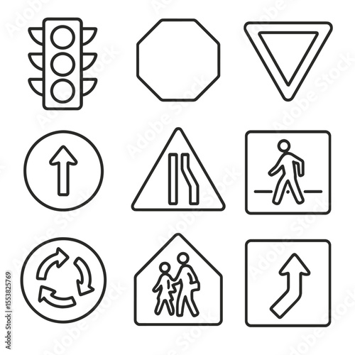 Traffic Signal Icons. Line style icons of traffic management signals: traffic light, stop sign, yield sign, speed limit sign,