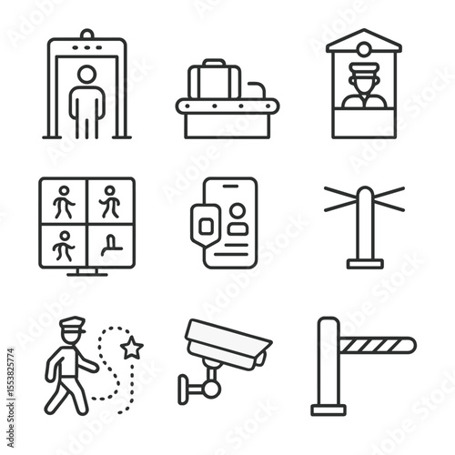 Train Station Security Icons. Line style icons of train station security: metal detector, baggage scanner, guard post,