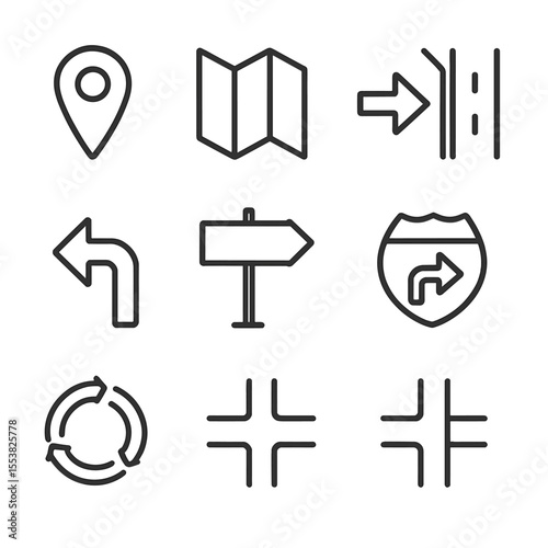 Traffic Icons Collection. Line style icons of traffic management navigation: GPS marker, road map, directional arrow, lane guide,