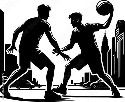 Basketball Players in a Cityscape Silhouette