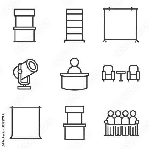 Trade Show Booth Icons. Outline style icons of trade show booths: display stand, product shelf, banner wall, spotlight, info desk,