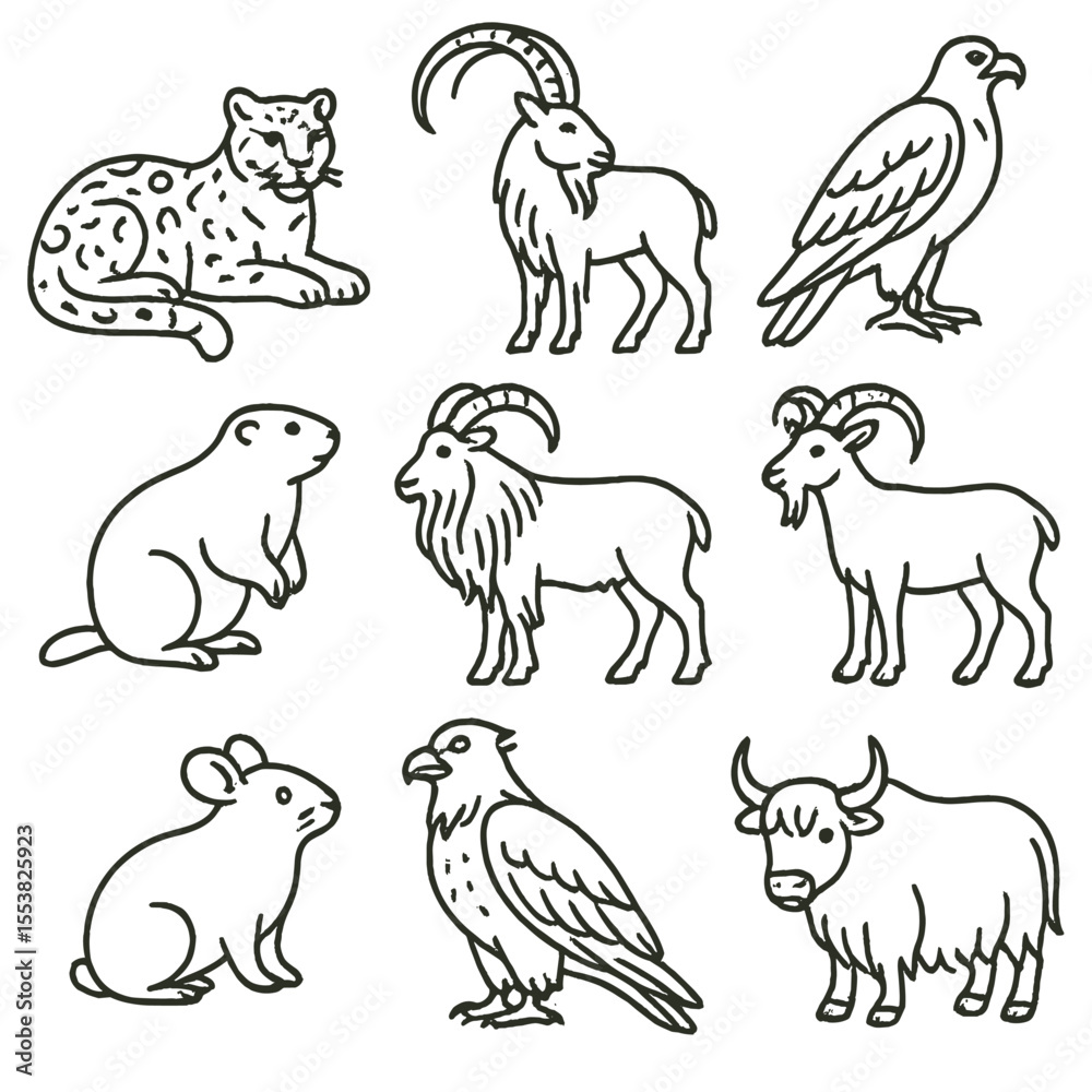 Obraz premium Alpine Wildlife Icons. Line style icons of Alpine Wildlife: snow leopard, ibex, golden eagle, marmot, Himalayan tahr, mountain