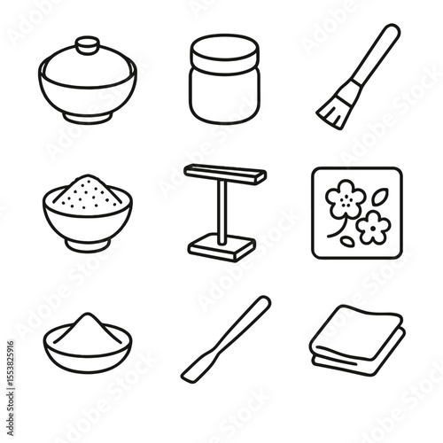 Lacquerware Craft Icons. Line style icons of Lacquerware Craft: lacquer pot, urushi lacquer jar, applicator brush, polishing