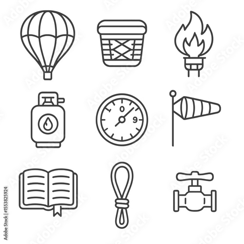 Hot Air Balloon Icons. Line style icons of Hot Air Balloon Flight: balloon envelope, wicker basket, burner flame, fuel tank,