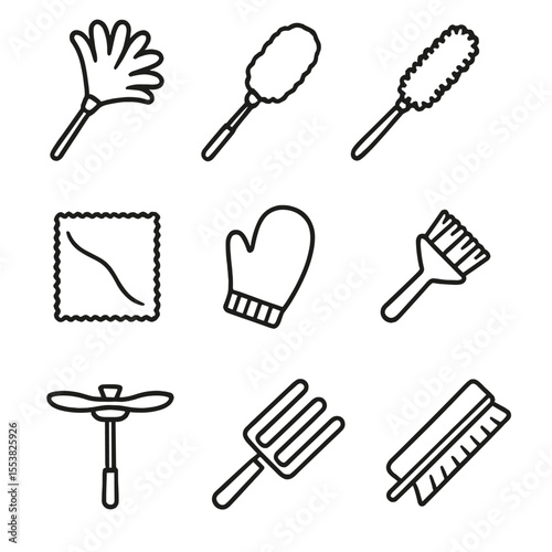 Dusting Tools Icons. Outline style icons of Dusting Tools: feather duster, extendable duster pole, microfiber duster, anti-static