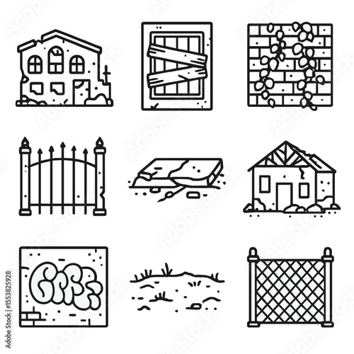 Urban Ruins Icons. Line style icons of Urban Ruins: crumbling warehouse, boarded window, ivy-covered wall, rusted gate, broken