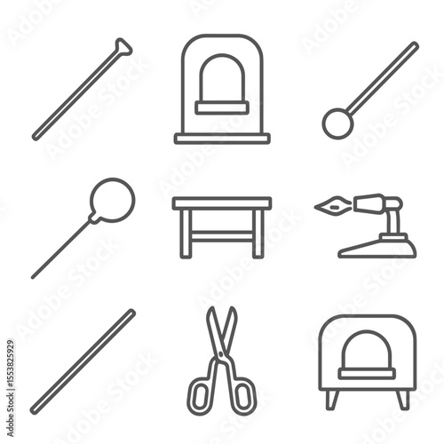 Glass Blowing Icons. Line style icons of Glass Blowing: blowpipe, furnace mouth, punty rod, glass bubble, marver table, bench