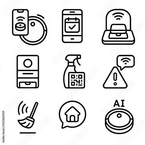 Smart Cleaning Icons. Outline style icons of Smart Cleaning Tools: robotic vacuum app, cleaning schedule on phone, smart mop dock,