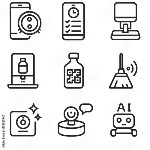 Smart Cleaning Icons. Outline style icons of Smart Cleaning Tools: robotic vacuum app, cleaning schedule on phone, smart mop dock,