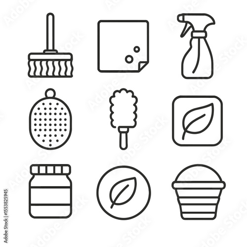 Reusable Cleaning Icons. Outline style icons of Reusable Cleaning Items: washable mop head, reusable cloth, refillable bottle,