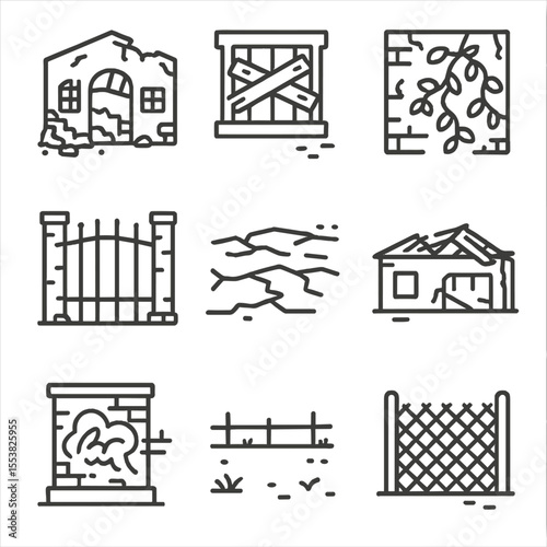 Urban Ruins Icons. Line style icons of Urban Ruins: crumbling warehouse, boarded window, ivy-covered wall, rusted gate, broken