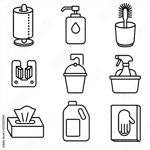 Outline Cleaning Tools Icons. Outline style icons of Dispensers and Holders: paper towel holder, soap dispenser, brush holder, mop
