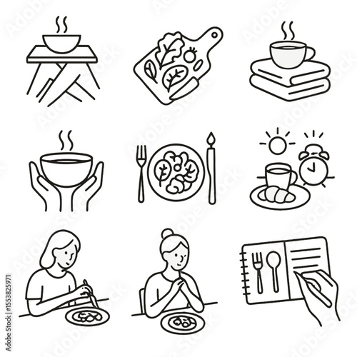 Outline Self-Care Icons. Outline style icons of Self-Care and Nourishment: food tray on lap, fresh salad prep, soft towel with tea