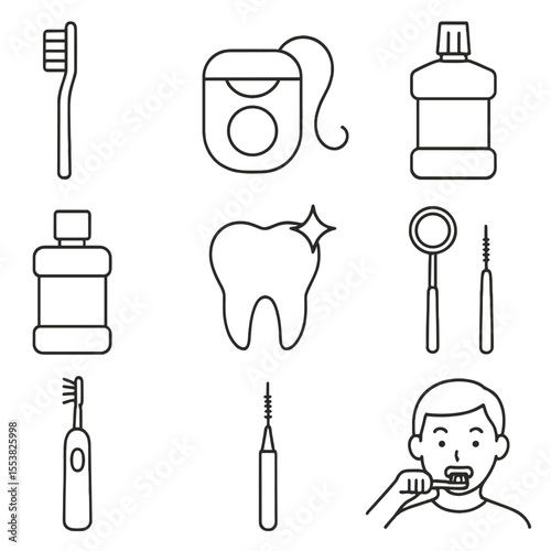 Dental Hygiene Icons. Outline style icons of Dental Hygiene: toothbrush, dental floss, toothpaste tube, mouthwash bottle, dental