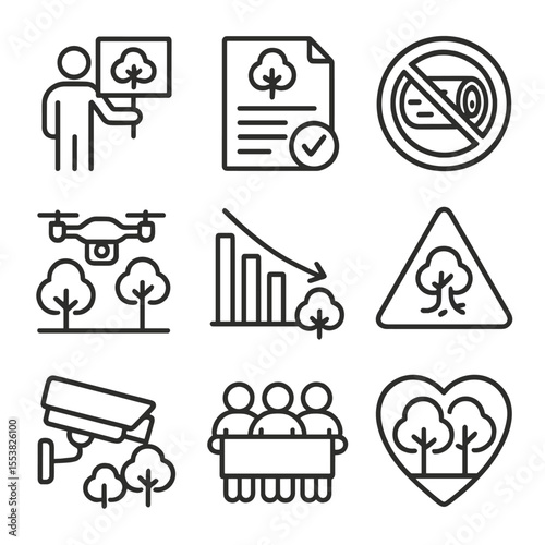 Anti-Deforestation Icons. Outline style icons of Anti-Deforestation Campaigns: protester with tree sign, forest law document, log