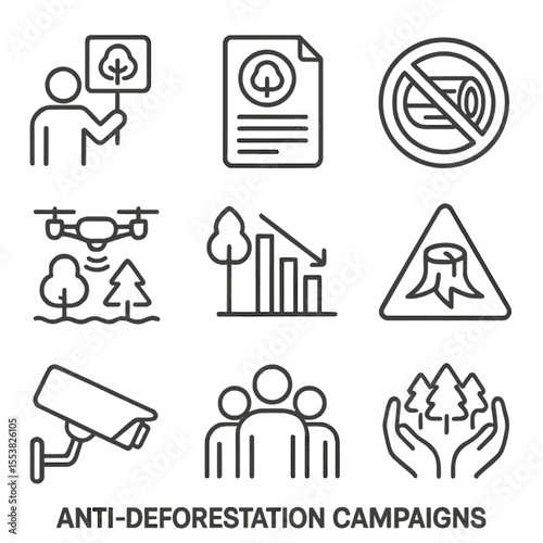 Anti-Deforestation Icons. Outline style icons of Anti-Deforestation Campaigns: protester with tree sign, forest law document, log