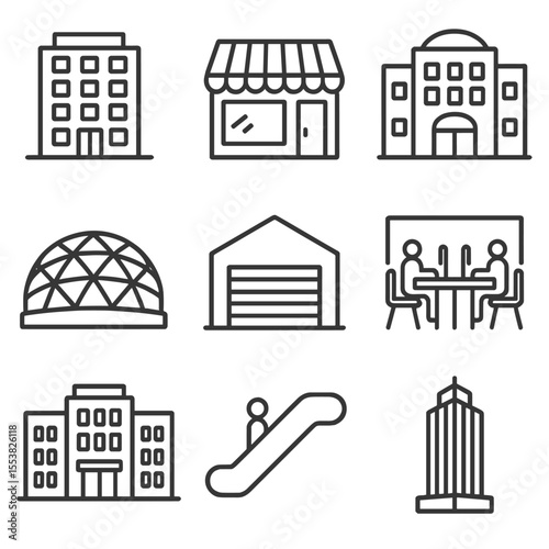 Commercial Architecture Icons. Outline style icons of Commercial Architecture: office building, retail storefront, shopping mall