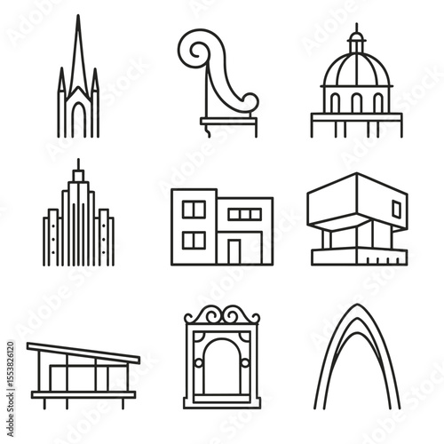 Architectural Style Icons. Outline style icons of Architectural Styles: Gothic spire, Baroque curve, Renaissance dome, Art Deco