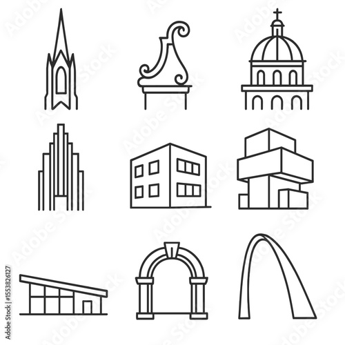 Architectural Style Icons. Outline style icons of Architectural Styles: Gothic spire, Baroque curve, Renaissance dome, Art Deco