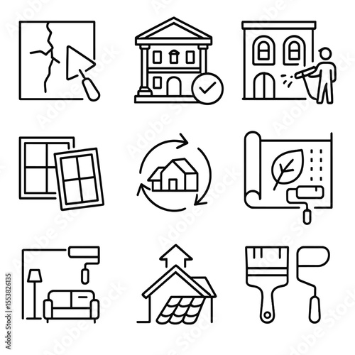Renovation Icons Set. Outline style icons of Renovation and Restoration: cracked wall repair, heritage facelift, facade cleaning,