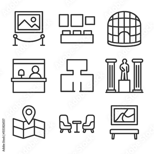 Museum Icons Collection. Outline style icons of Museum and Cultural Centers: art gallery icon, exhibition layout, glass pavilion,