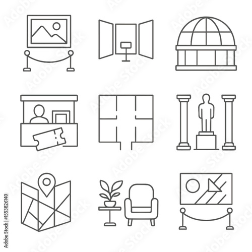 Museum Icons Collection. Outline style icons of Museum and Cultural Centers: art gallery icon, exhibition layout, glass pavilion,