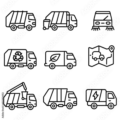 Waste Collection Icons. Outline style icons of Waste Collection Vehicles: garbage truck, side-loading bin lift, street sweeper