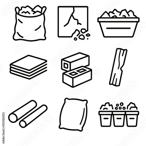 Construction Waste Icons. Outline style icons of Construction Waste: rubble bag, broken tile icon, demolition waste bin, drywall