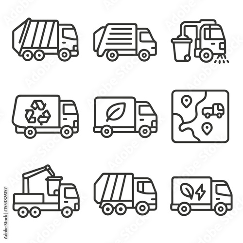 Waste Collection Icons. Outline style icons of Waste Collection Vehicles: garbage truck, side-loading bin lift, street sweeper