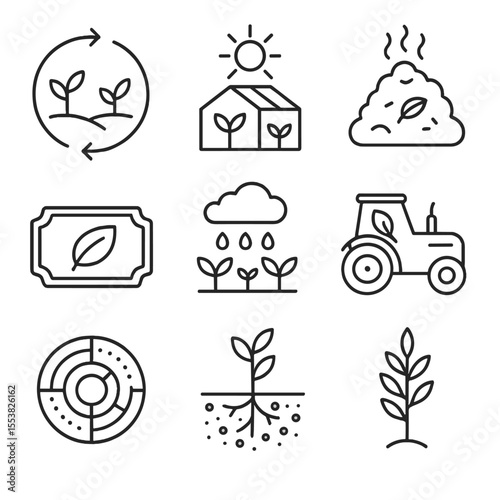 Sustainable Agriculture Icons. Outline style icons of Sustainable Agriculture: rotating crops, greenhouse with sun, compost pile,