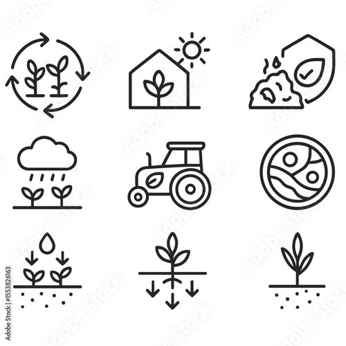 Sustainable Agriculture Icons. Outline style icons of Sustainable Agriculture: rotating crops, greenhouse with sun, compost pile,