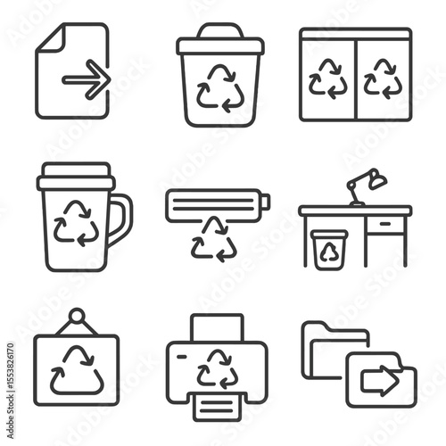Office Waste Icons. Outline style icons of Office Waste Reduction: paperless document icon, office compost bin, waste segregation