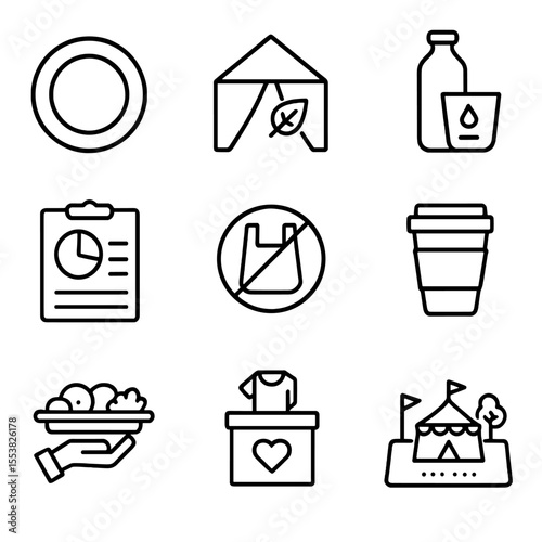 Zero Waste Icons. Outline style icons of Zero Waste Events: reusable plate, compost tent, refill station, waste audit chart, no
