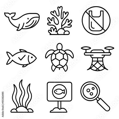 Ocean Ecology Icons. Outline style icons of Ocean Ecology: whale icon, coral reef, plastic in sea ban, sustainable fish, sea