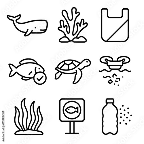 Ocean Ecology Icons. Outline style icons of Ocean Ecology: whale icon, coral reef, plastic in sea ban, sustainable fish, sea