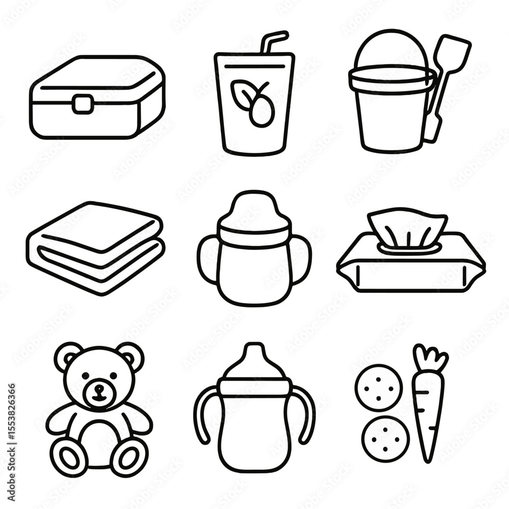 Obraz premium Child Picnic Icons. Outline style icons of Child Picnic Items: mini lunchbox, juice pouch, toy bucket, children’s blanket, toddler