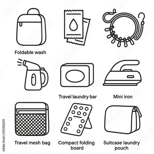 Travel Laundry Icons. Outline style icons of Travel Laundry: foldable wash bag, travel detergent packets, collapsible drying line,