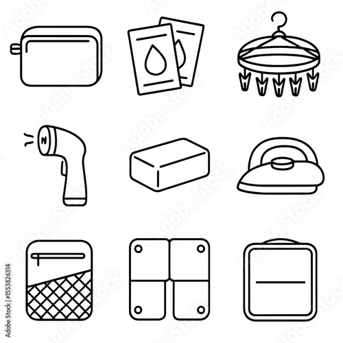 Travel Laundry Icons. Outline style icons of Travel Laundry: foldable wash bag, travel detergent packets, collapsible drying line,
